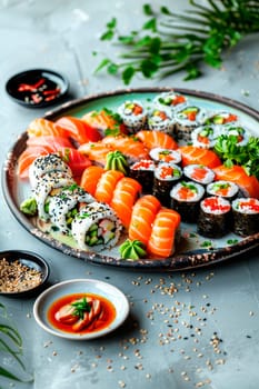 various sushi and rolls. selective focus. food.