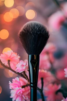 makeup brush on a background of flowers. selective focus. spa.