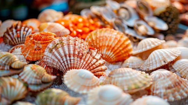 many different beautiful shells. selective focus. nature.