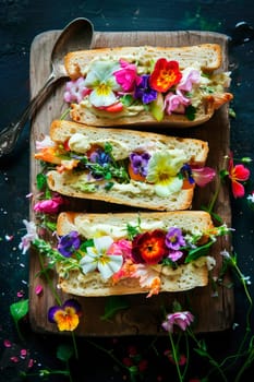 sandwiches with flowers on the table. selective focus. nature.