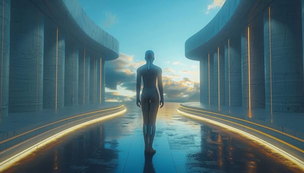 A man is walking down a long hallway with a cloudy sky in the background by AI generated image.