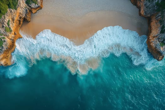 An aerial perspective showcasing the ocean meeting rugged cliffs, highlighting the natural beauty of the coastal landscape.