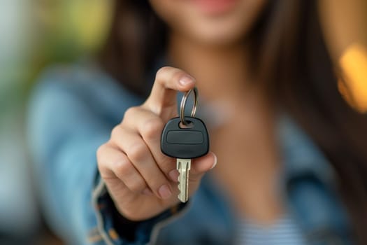 A woman standing and holding a car key in her hand.