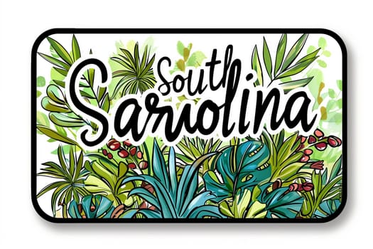 Sticker featuring the text South Carolina encircled by lush tropical foliage, showcasing the states scenic beauty.