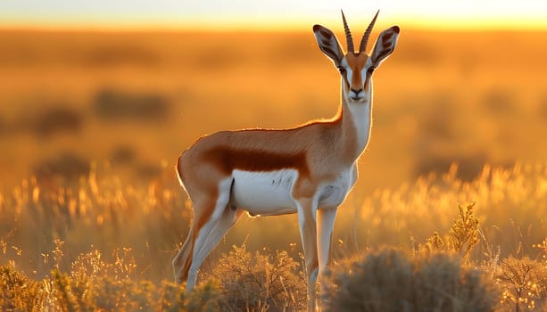 A deer with elegant horns stands in a vast grassland ecoregion at sunset, blending into the natural landscape. The fawn grazes peacefully among the tall grasses