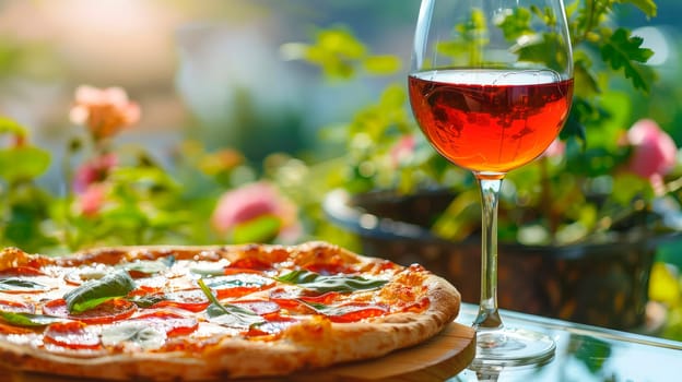 pizza and wine in the garden. selective focus. food.