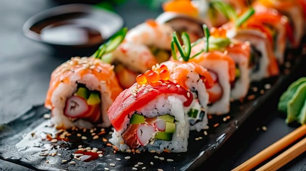 various sushi and rolls. selective focus. food.