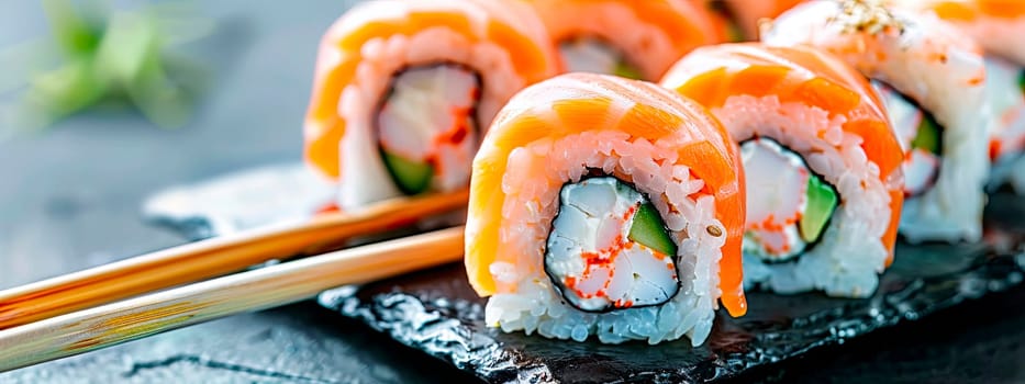 various sushi and rolls. selective focus. food.