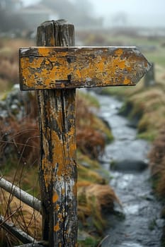 A weathered wooden signpost in a rural setting, pointing in multiple directions, evoking choice and adventure.