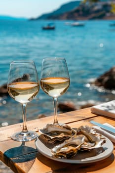 wine and oysters against the backdrop of the sea. selective focus food.