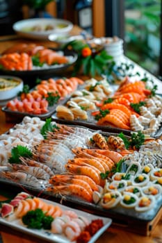 different seafood dishes on the table. selective focus. food.