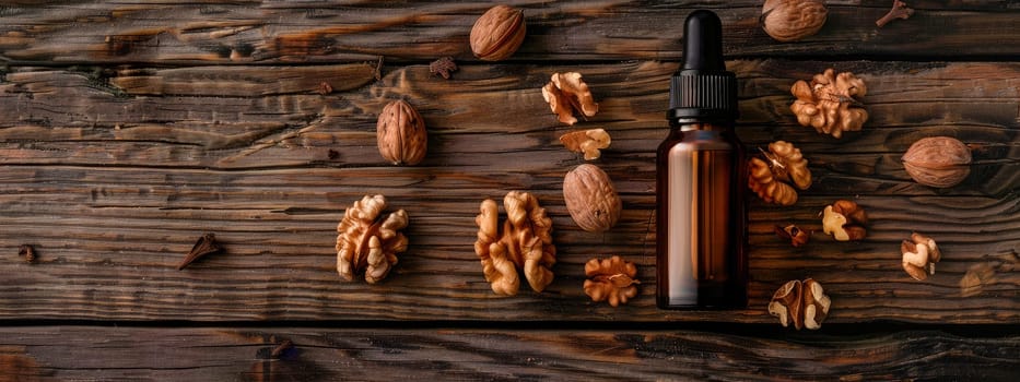walnut essential oil in a bottle. selective focus. nature.