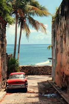 A red vehicle is parked in a tight alley near the ocean, surrounded by trees and with the sky reflecting in the water. The cars lights illuminate the narrow pathway