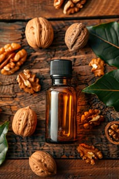 walnut essential oil in a bottle. selective focus. nature.