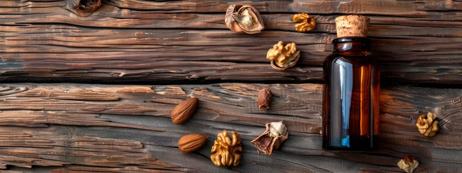 walnut essential oil in a bottle. selective focus. nature.