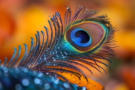 Close-up of a peacock feather, displaying vibrant colors and natural patterns.