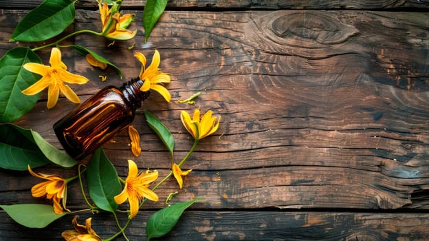 ylang-ylang essential oil in a bottle. selective focus. nature.