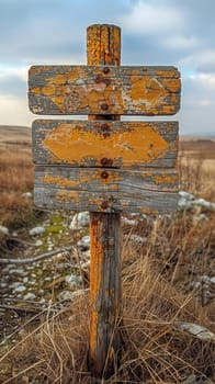 A weathered wooden signpost in a rural setting, pointing in multiple directions, evoking choice and adventure.