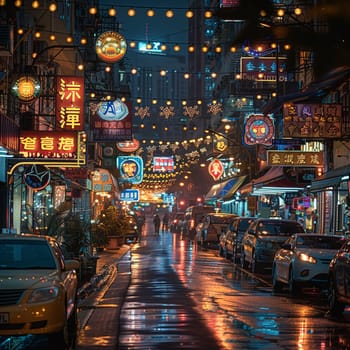 Brightly lit neon signs in a bustling city street at night, illustrating urban energy.