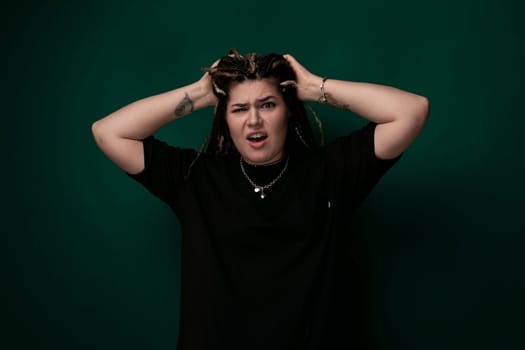 A woman stands with her hands on her head, appearing distressed or frustrated. She is wearing a white shirt and looks deeply troubled, possibly dealing with stress or overwhelm.