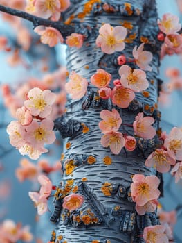Blooming cherry blossoms against blue sky, ideal for spring and floral themes. Rough bark texture of an old tree, great for nature and rustic designs.
