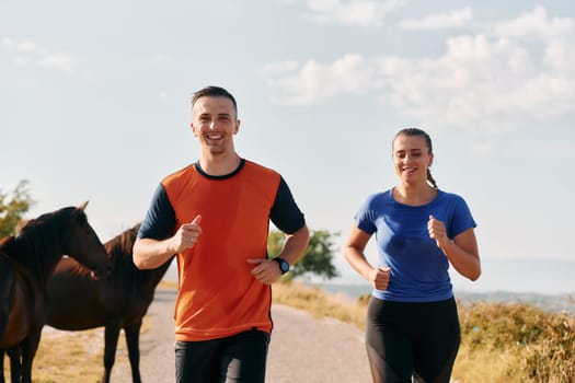 A couple dressed in sportswear runs along a scenic road during an early morning workout, enjoying the fresh air and maintaining a healthy lifestyle.