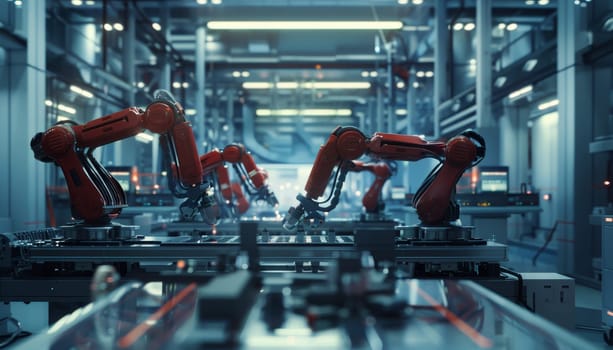 A factory with robots working on a conveyor belt by AI generated image.