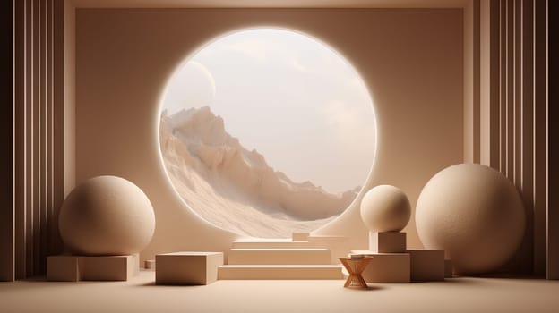 Interior with circular architecture form in 3D style. Abstract room with arc element and trees. Generated AI
