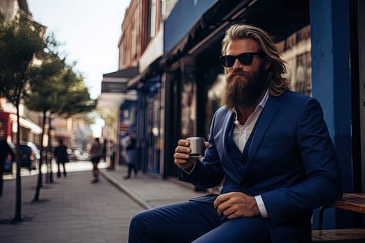 Businessman with huge beard, fashionable blue suit and a cup of coffee on the street. Generated AI