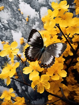 Butterfly on the colorful flowers and plants. Calm nature scene with dreamy colors. Generated AI