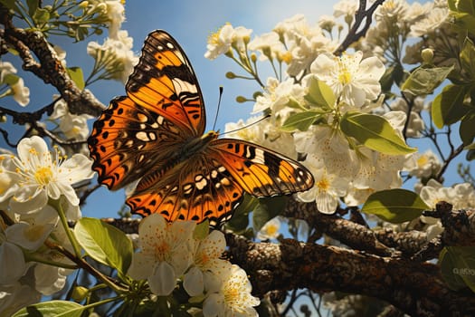 Butterfly on the colorful flowers and plants. Calm nature scene with dreamy colors. Generated AI