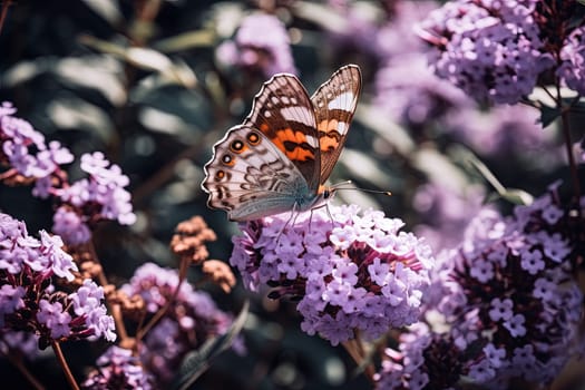 Butterfly on the colorful flowers and plants. Calm nature scene with dreamy colors. Generated AI