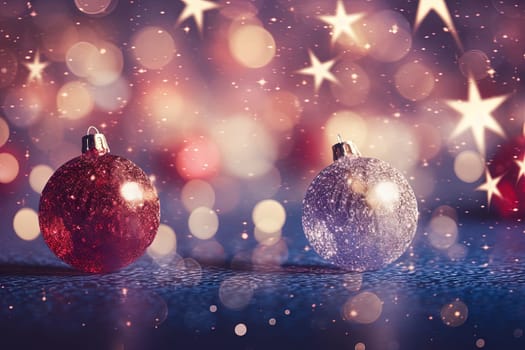 Christmas glass balls on the blurred background with bokeh. Winter holidays greeting card. Generated AI