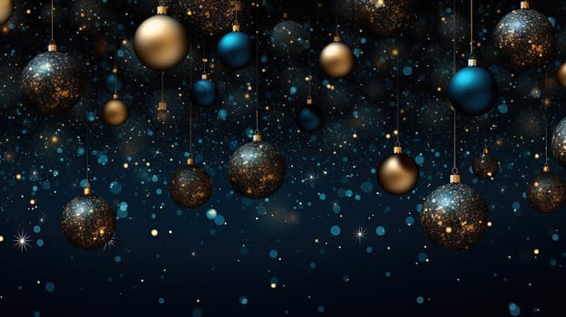 Christmas background with hanging baubles. Xmas balls on winter holidays greeting card. Generated AI