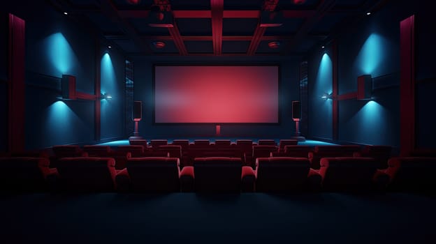 Cinema interior with seats and white screen. Movie theater room with chairs. Generated AI