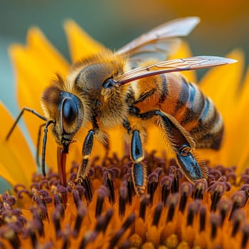 Close-up of a bee on a sunflower, representing nature, pollination, and summer themes.