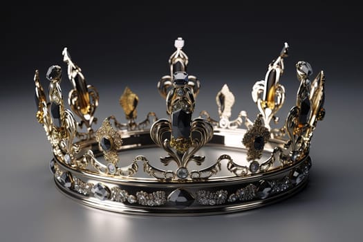 Beautuful shiny crown with medieval ornament and jeewelry. Ancient king or quenn crown. Generated AI