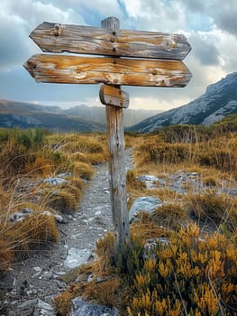 A weathered wooden signpost in a rural setting, pointing in multiple directions, evoking choice and adventure.