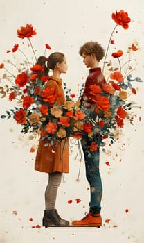 A man and a woman are joyfully standing together in nature, holding a beautifully arranged bouquet of flowers. The scene resembles a painting capturing love and happiness