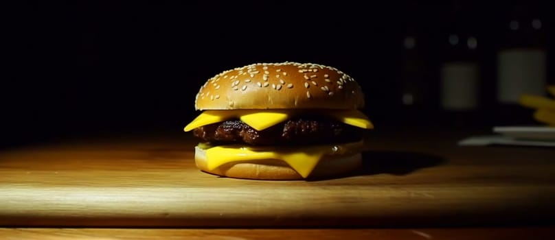 Juicy tasty hamburger on the table. Fast food image of a burger with grilled meat. Generated AI