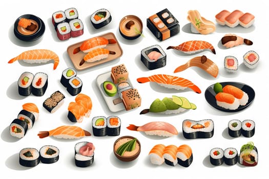 Sushi set. Collection of fast fool in asian style. Classic shushi and rice rolls. Generated AI