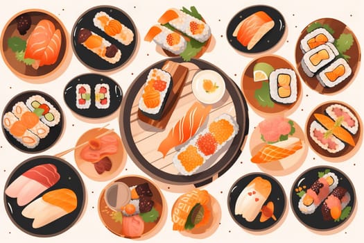 Sushi set. Collection of fast fool in asian style. Classic shushi and rice rolls. Generated AI