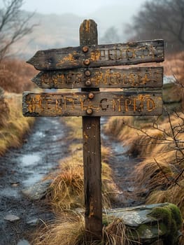 A weathered wooden signpost in a rural setting, pointing in multiple directions, evoking choice and adventure.