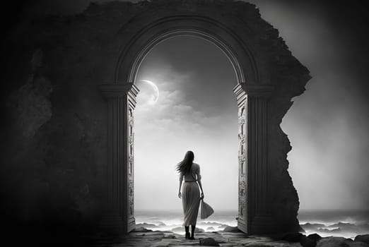 Magic ancient gate of the dark ruins. Black and white background with mystic lightened door. Generated AI