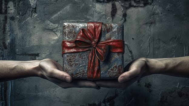 Handcrafted gift box in hands. Offering of the beautiful handmade giftbox. Generated AI