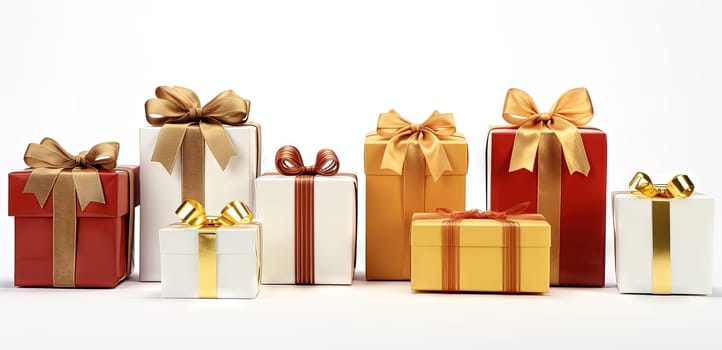 Set of gift boxes with ribbons, arranged for holidays or sale and discount event. Generated AI