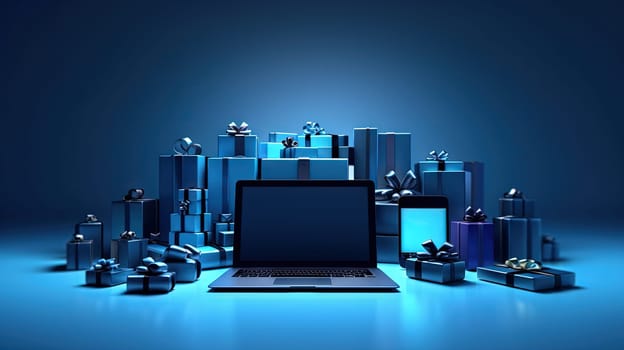 Compostion of gift boxes with ribbons for holiday sale event. Generated AI