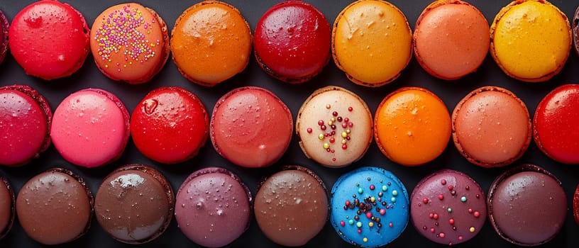 Close-up of colorful macarons arranged in a pattern, representing sweetness and indulgence.