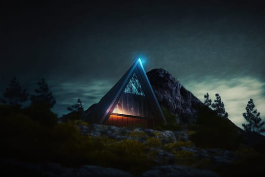 Glass architecture in the mountain landscape. Architectural abstraction combined with nature. Generated AI