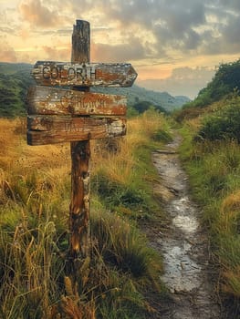 A weathered wooden signpost in a rural setting, pointing in multiple directions, evoking choice and adventure.